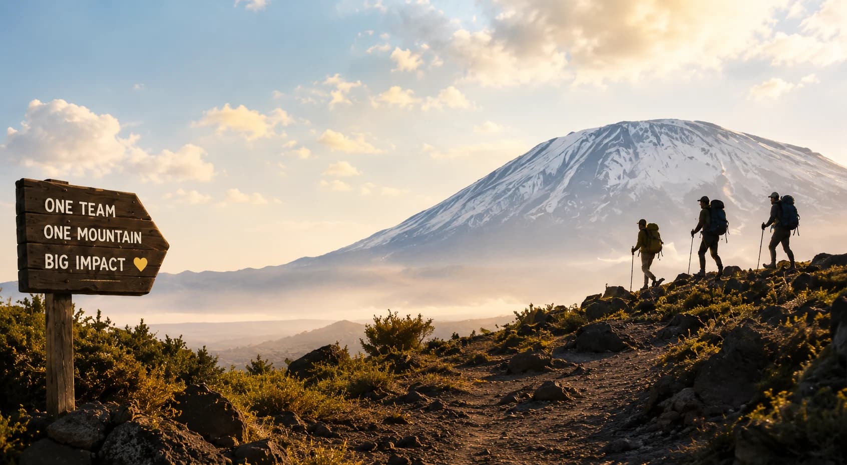 Kilimanjaro mountain trail with a wooden sign reading One Team, One Mountain, Big Impact